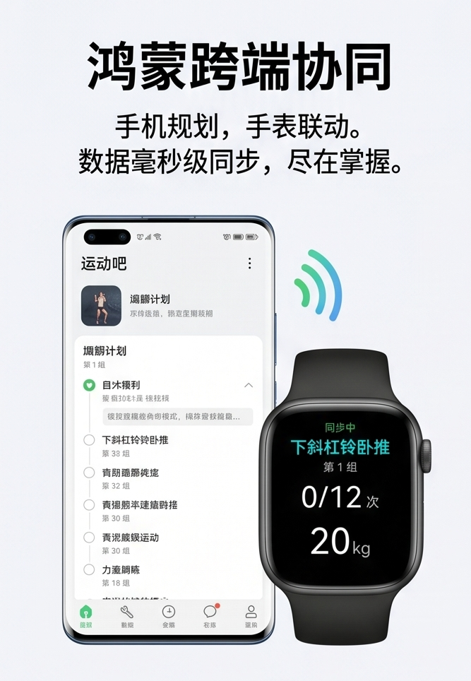 运动吧手机和手表跨端协同宣传图